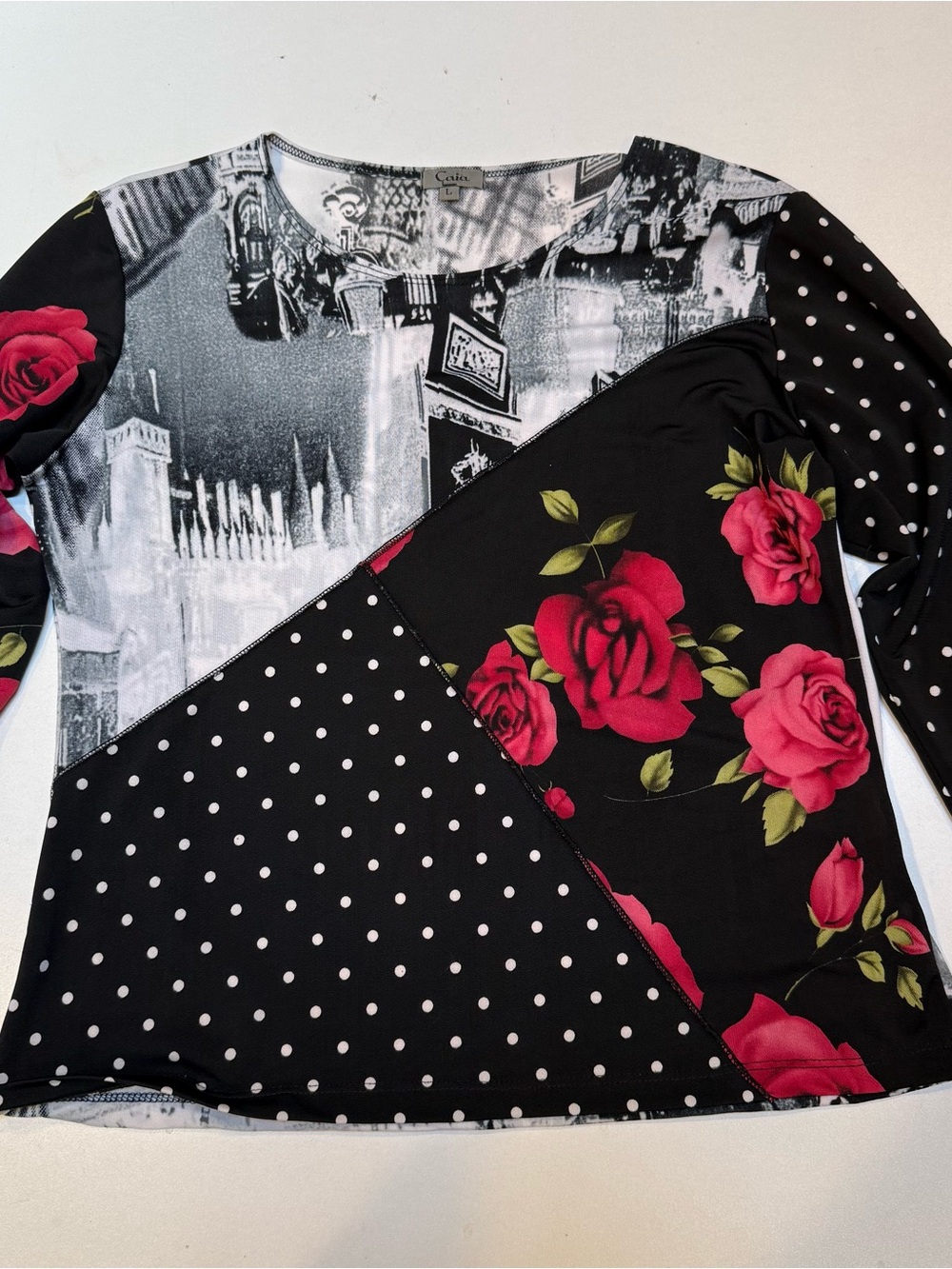 Caia Mixed-Print Black Blouse with Pink Red Roses Accents